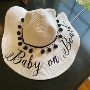 Baby on board white sun hat with black pom poms